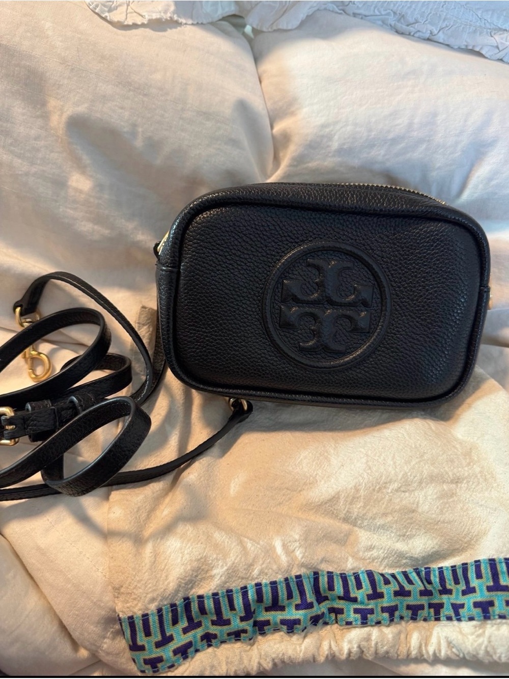 Tory Burch mini Bombe Black Pebbled Leather Crossbody Camera Bag